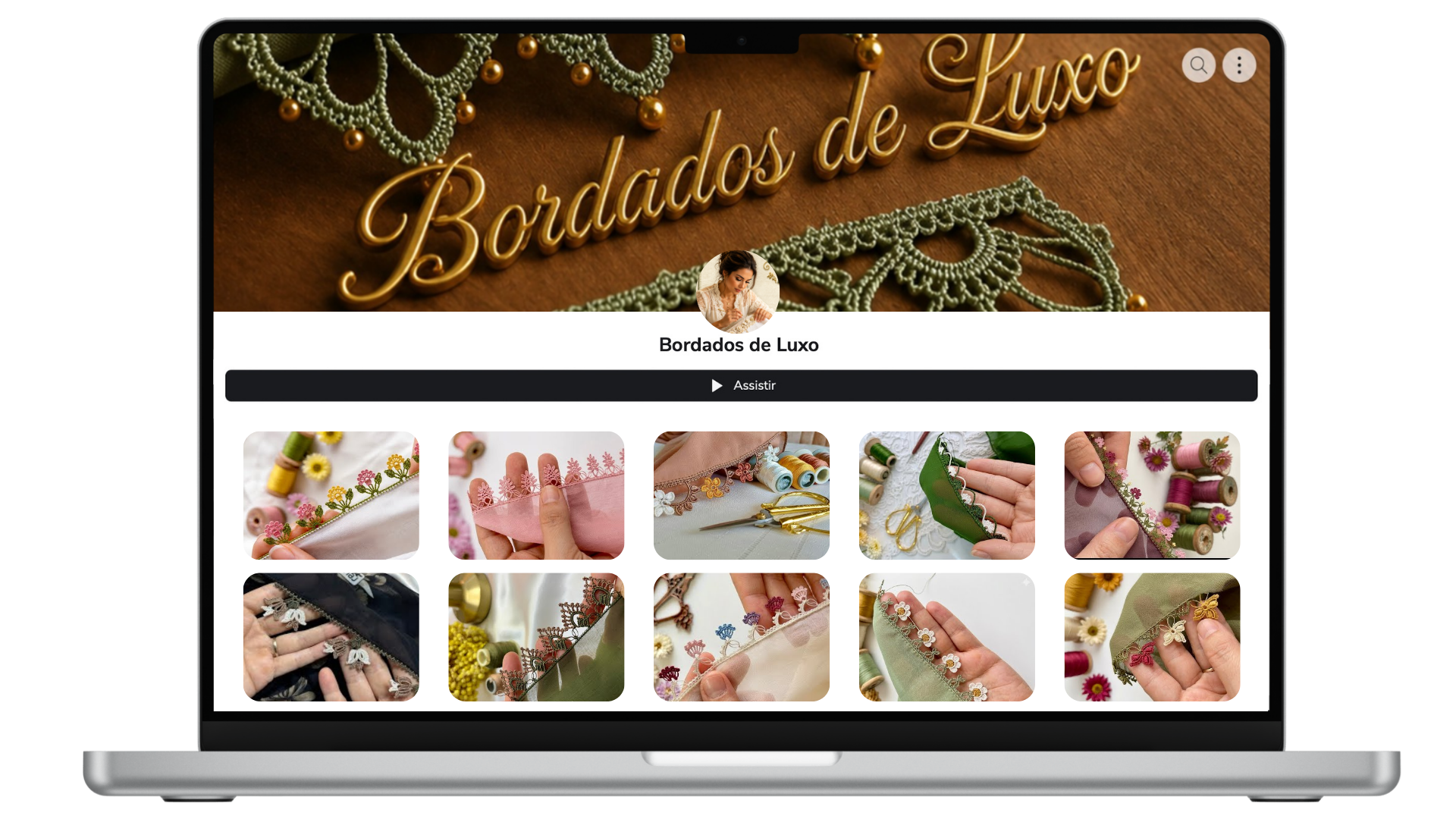 Curso Bordados de Luxo visualizado em um notebook