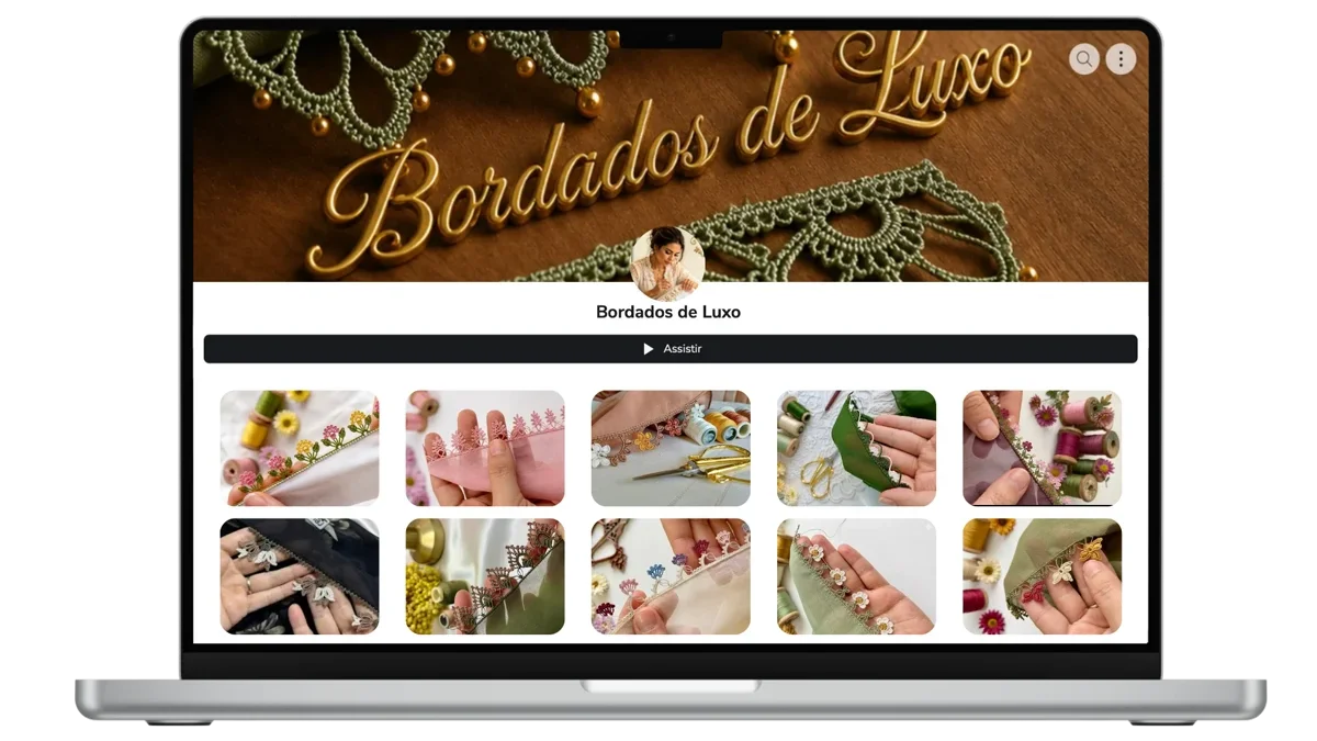 Curso Bordados de Luxo visualizado em um notebook